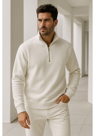 Rich Erkek Ekru Yarım Fermuarlı Sweatshirt Ekru