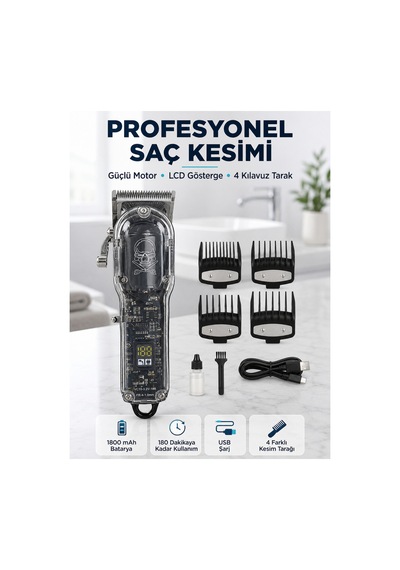 Profesyonel Erkek Tıraş Makinesi Güçlü Motorlu Lcd Göstergeli 1800 Mah