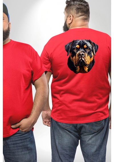 Angemiel Rottweiler Kafası Büyük Beden Kırmızı Tişört Kadın Erkek Ünisex Sırt Baskılı Kırmızı