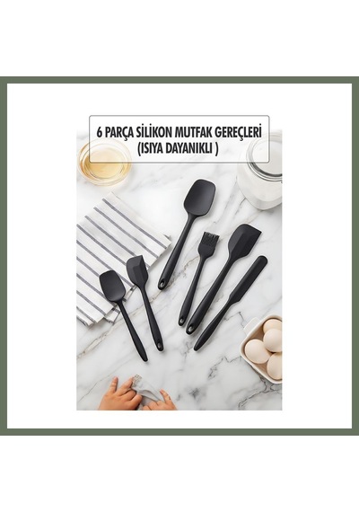 Bezos 6 Lı Siyah Isıya Dayanıklı Yanmaz Yapışmaz Silikon Mutfak Seti Bezos1