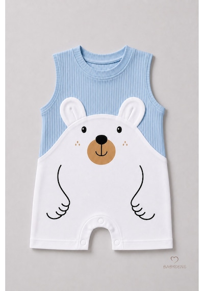 Babyden's Erkek Bebek Yazlık Ayıcık Baskılı Fitilli Tulum %100 Pamuk Kolsuz Şort Tulum Yenidoğan Bebek Romper 0-9 Ay Mavi