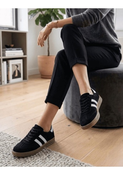 Potinonline 810 Kadın Hakiki Deri Süet Yanı Çizgili Sneaker Ayakkabı Siyah