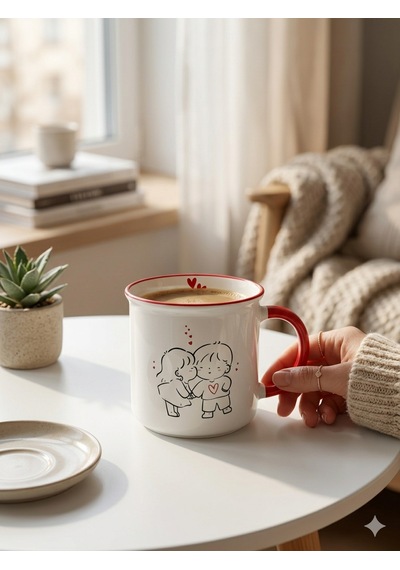 Romantik Çift Tasarımlı 370 Ml Porselen Kupa Kırmızı Kulplu Sevimli Aşk Temalı Kahve Kupası Açık Beyaz
