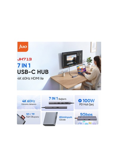 Juo Type-c 7 Portlu 4k 60hz Hdmı Sd Microsd Kart Okuyucu 100w Pd Type-c Ve 2 Usb 3.2 Çoklayıcı Hub Dönüştürücü