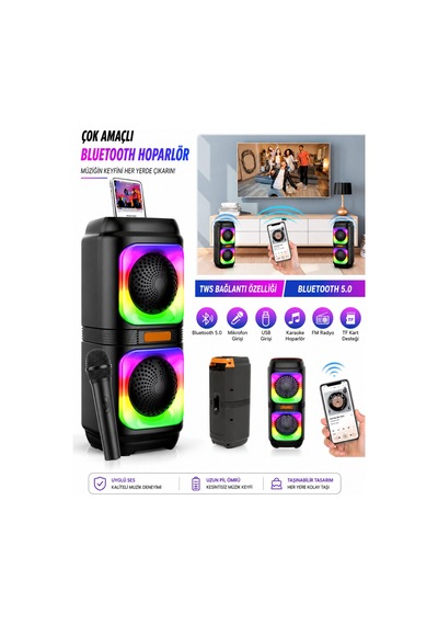 Blic Bls-48 Şarjlı Taşınabilir Bluetooth Hoparlör Extra Bass, Rgb Disko Işıkları, Mikrofonlu-14776