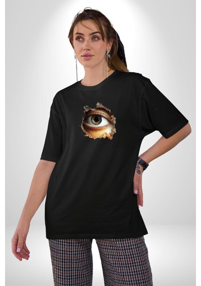 Duvardan Biri Bizi Gözetliyor Pamuklu Bisiklet Yaka Unisex Oversize Boyfriend Dijital Baskılı Siyah T-shirt Siyah