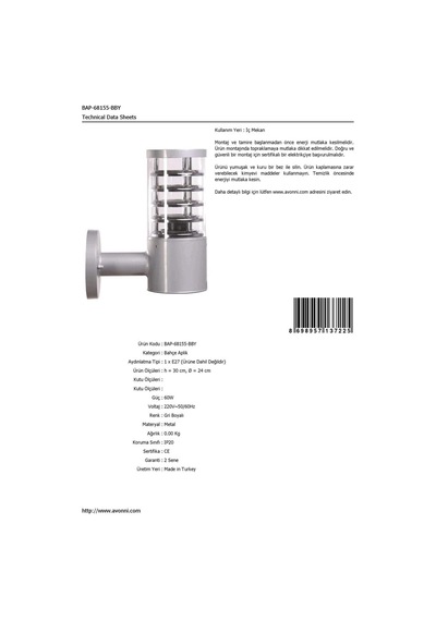 Avonnı Bap-68155-bby Gri Elektrostatik Toz Boyalı Dış Mekan Aydınlatma, E27, Aluminyum, Polikarbon Cam, 24cm Sku: Smgstkad75be725b