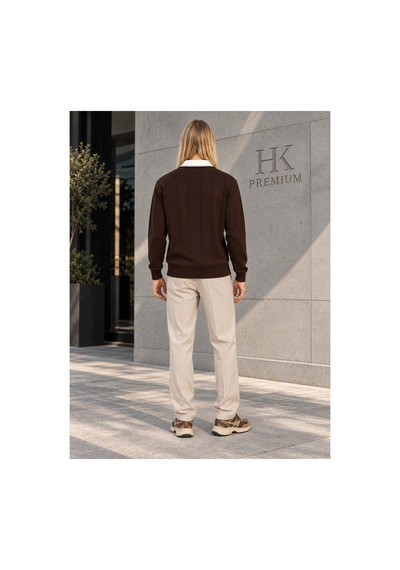 Hk Premium Erkek Polo Yaka Kontrast Çizgili Fitilli Triko Kazak Uzun Kollu, Dokulu Örme Kazak Kahverengi