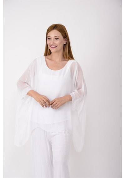 Bohem Stil İtalyan Yarasa Kol İpek Bluz & Pantolon Takım-8767 Beyaz