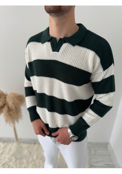 Say-Has Fashion Rahat Kalıp Erkek Polo Yaka Çizgili Triko Kazak Koyu Yeşil