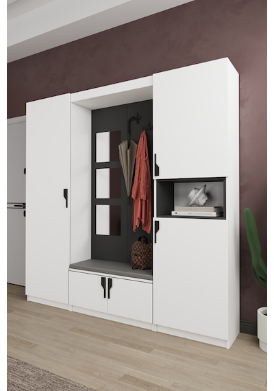 Lüks Aynalı Portmanto Askılı Vestiyer %100 Mdf Çok Raflı Ayakkabılık V04 Beyaz - Antrasit Lüks Aynalı Portmanto Askılı Vestiyer %100 Mdf Çok Raflı Ayakkabılık V04 Beyaz - Antrasit