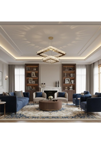 Kristal Taşlı 2 Katlı Uzaktan Kumandalı Krom Ledli Avize Gold