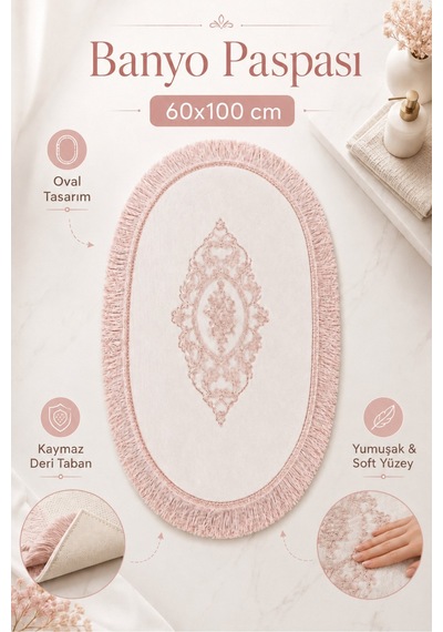 Pudra Dantelli Kaymaz Deri Tabanlı Oval Banyo Paspası Püsküllü Yıkanabilir Banyo Takımı Simela