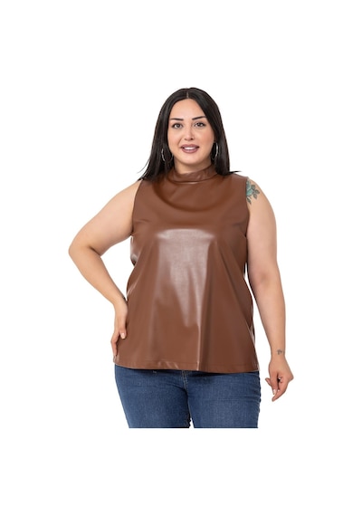 Disentis Büyük Beden Dik Yaka Kolsuz Deri Kadın Bluz Taba