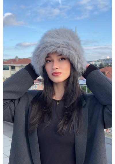 Mollycrush Suni Kürk Bucket Kalpak Şapka Peluş Kışlık Luxury Gri Kadın Şapkası Gri