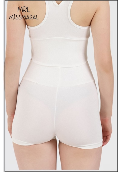 Missmaral Kadın Ekru Comfort Fit Yüksek Bel Toparlayıcı Mini Şort Boxer Likralı Kumaş Havuz Deniz Spor Ekru