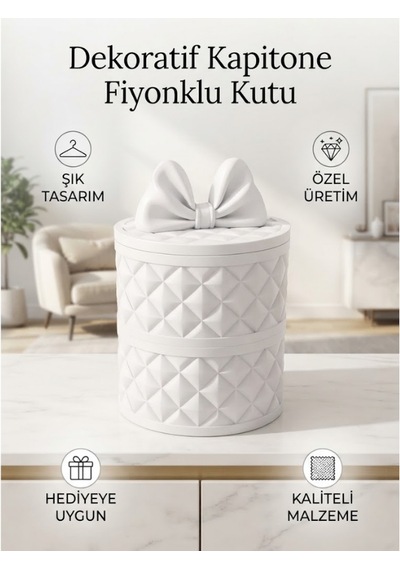 Dekoratif Kapitone Fiyonklu Kutu Ve Şık Takı Saklama Kabı Beyaz