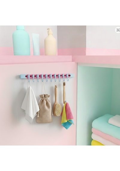 Yapışkanlı Portatif, Mobilya, Duvar, Dolap, Banyo Organizer Askılık, 10 Kancalı, 30 Cm, Pembe