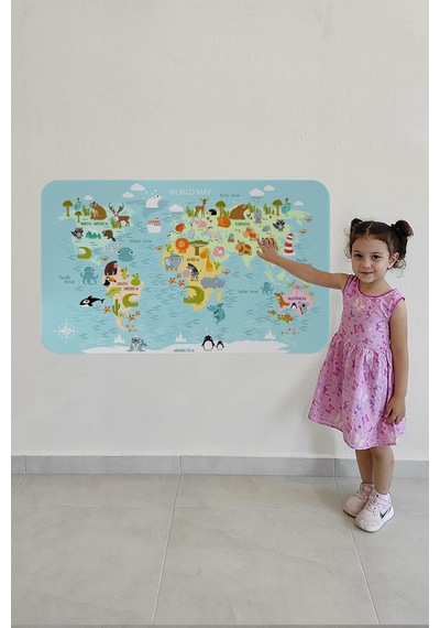 Eğitici Dünya Haritası Dünya Atlası Çocuk Ve Bebek Odası Duvar Sticker-60x105-3782 - Renkli Çok Renkli