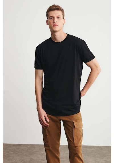 Grimelange Oscar Erkek Comfort Fit Uzun Dökümlü Kumaş Siyah T-shirt