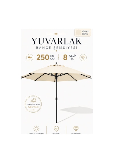 Alubrella Fildişi Renk Yuvarlak 250 Cm Çap/8 Çelik Tel Bahçe,güneş Şemsiyesi Bidonsuz Antrasit