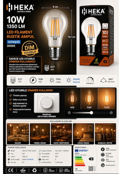 8 Adet Heka 10w Günışığı 3000k E27 Duylu Dim Edilebilir Led Rustik Ampul