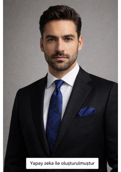 Gaffy Lacivert Şal Desenli Dokuma Kumaş Mendilli Slim Fit Kravat // Sdk-2603-2 Lacivert