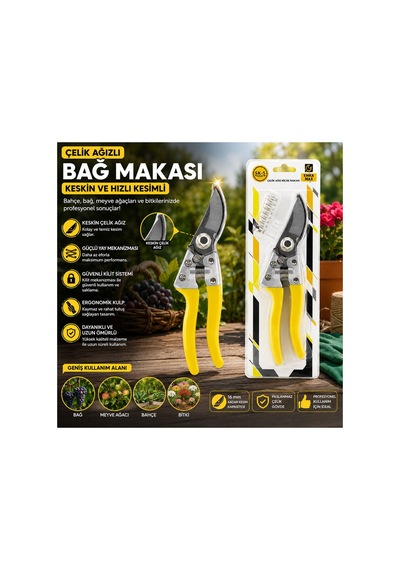 Çelik Ağızlı Bağ Makası - Güvenli Kilit Sistemi - Ergonomik Kulp