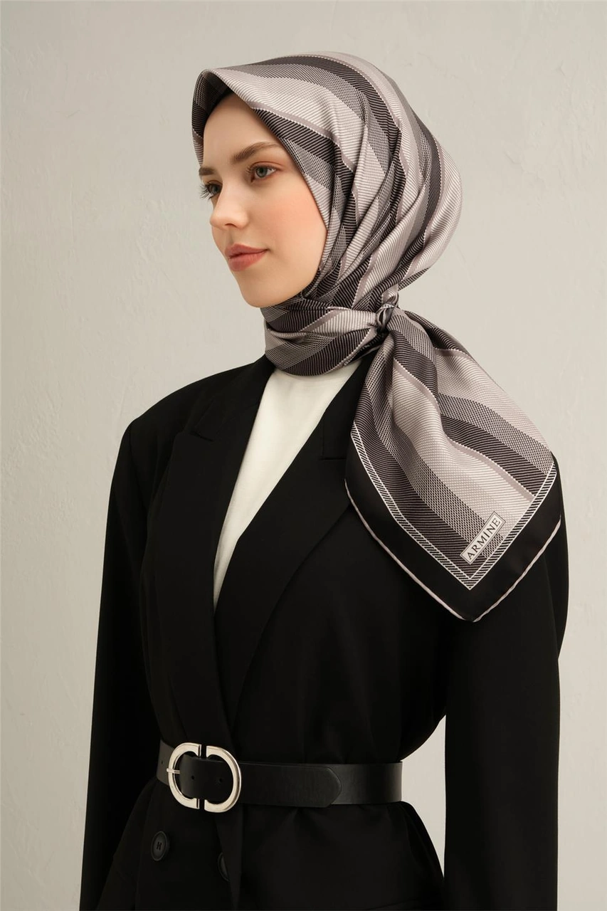 Armine Klasik Desenli Saf İpek Twill Eşarp 9327d 83 Füme
