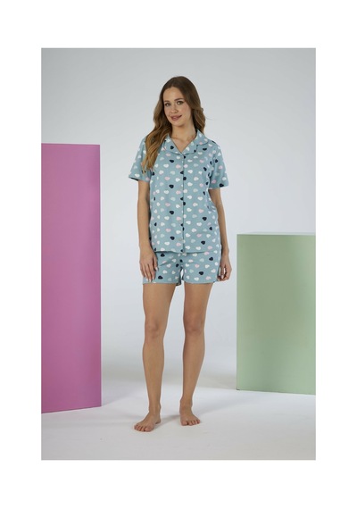 Estiva Kadın Yazlık Kalp Desenli Önden Düğmeli Şortlu Penye Lycra Pijama Takımı Yeşil