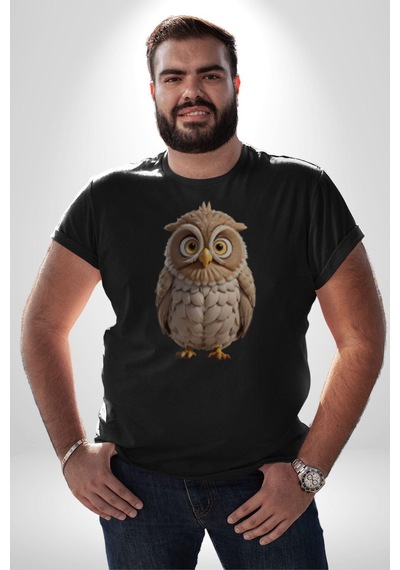 Baykuş Unisex Unisex Siyah Organik Baskılı T-shirt Penye Yüksek Kalite Siyah