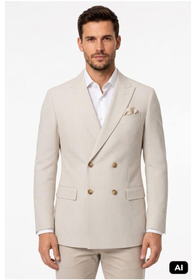Markasız Bej Slim Fit Dar Kalıp Kırlangıç Yaka Çizgili Uzun Kollu Pamuklu Ceket-25100