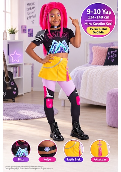 Toyfest K-pop Demon Hunters Mira Kostüm Seti Çocuk 9-10 Yaş M 134-140 Cm Çok Renkli
