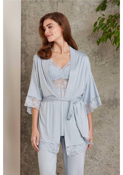 Pierre Cardin Dantelli Sabahlıklı Penye Pijama Takımı Mist 001