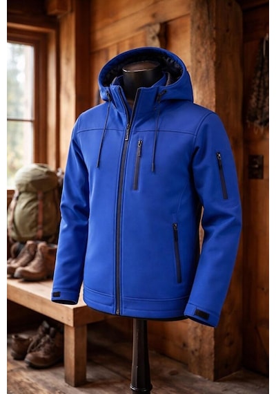Vatan Tekstil Erkek Slim Fit Softshell Kapüşonlu Erkek Mont Su İtici Rüzgar Geçirmez Mavi