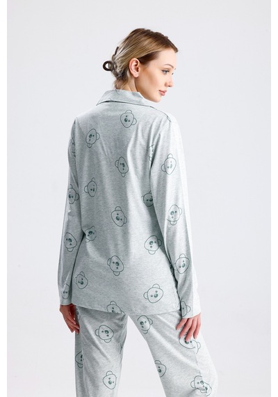 Yeni İnci Ayıcık Desen Pamuk Kadın Pijama Takım Yeşil
