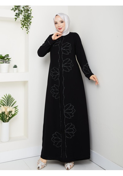 Eslemnur Lotus Çiçek Taşlı Büyük Beden Anne Elbisesi Siyah