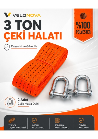 3 Ton Kırmızı Çekme Halatı 3 Metre 5 Cm Genişlik 2 Adet Çelik Mapa Dahil %100 Polyester Araç Kurtarma Halatı