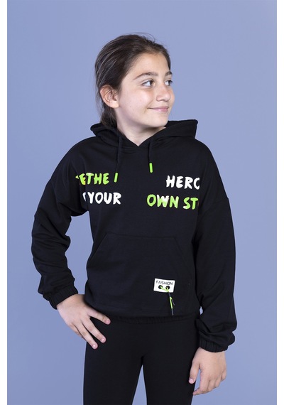 Toontoy Kız Çocuk Kapüşolu Kanguru Cepli Baskılı Sweatshirt Yeşil
