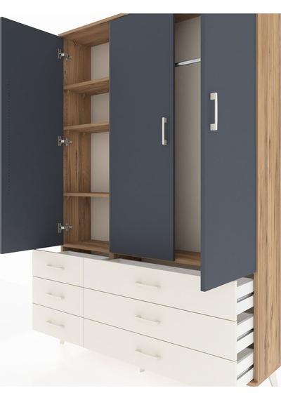 Arges Dolap 5 Raflı 6 Çekmeceli Tek Askılı 132x30x195 Çam-ant... Çam