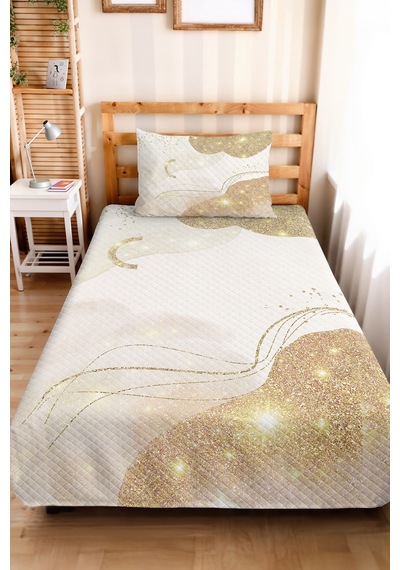Modern Gold Genç Odası Tek Kişilik Pike Takımı - Soyut Simli Krem 160x220 Cm Kapitone Yatak Örtüsü Narin Kahve Kıyımı