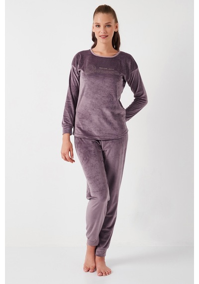 Lela Standart Fit Bisiklet Yaka Yumuşak Kadife Bayan Pijama Takımı 6094202 Lila