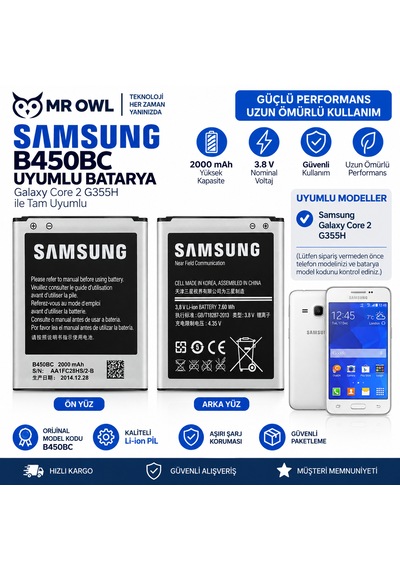 Samsung Galaxy Core 2 G355h Uyumlu B450bc 2000 Mah Li-ıon Batarya