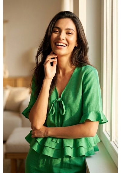 Aura Collections Kadın Yeşil Keten Görünümlü Yazlık Kısa Kollu Dokuma Pijama Takımı