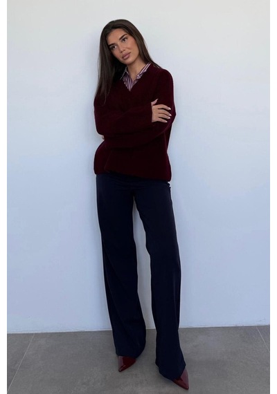 Madmext Bordo V Yaka Triko Kadın Kazak Mg2501 Bordo