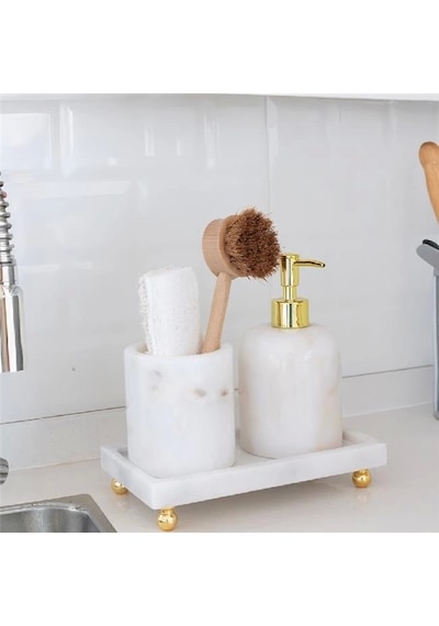 Akayev Mermer Beyaz 3 Parça Gold Ayak Banyo Seti Mutfak Sıvı Sabunluk Seti Beyaz