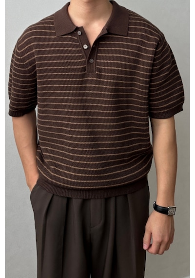 Cool Tarz Erkek Kahverengi Çizgili Düğmeli Regular Fit Triko T-shirt Kahverengi Kahverengi