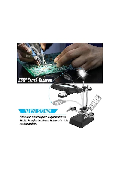 Değiştirilebilir Mercekli Led Işıklı Büyüteçli Lehim Tamir Havya Standı - Mg16129-c