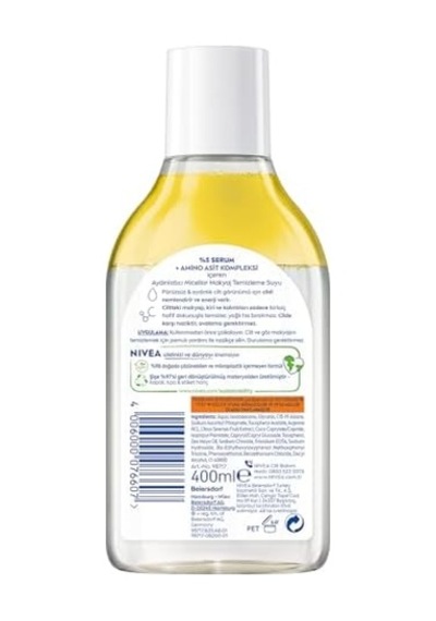 Micellar Aydınlatıcı Makyaj Temizleme Suyu 400 Ml,suya Dayanıklı Makyajı Çıkarır,ovalama Gerektirmez,serum İçerikli,c Vitamini,e Vitamini,