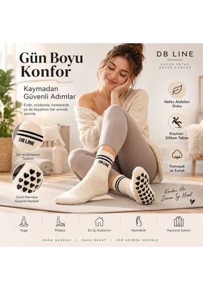 Genel Db Lıne Kaydırmaz Yoga Pilates Çorabı 4'lü Pamuklu Silikon Taban, Barre St Krem / 36-40 / 4 Adet